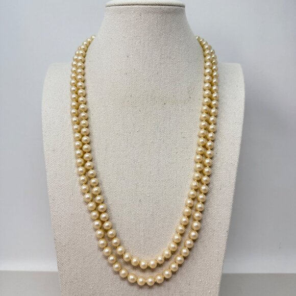 Vintage Double Strand Imitation Pearl Necklace Ornate Clasp Silver-Tone Elegant - Picture 1 of 15